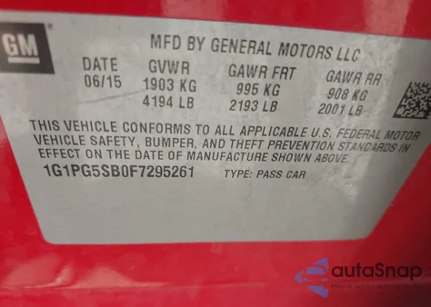 2015 Chevrolet Cruze Ltz z USA, uszkodzony, nr VIN 1G1PG5SB0F7295261